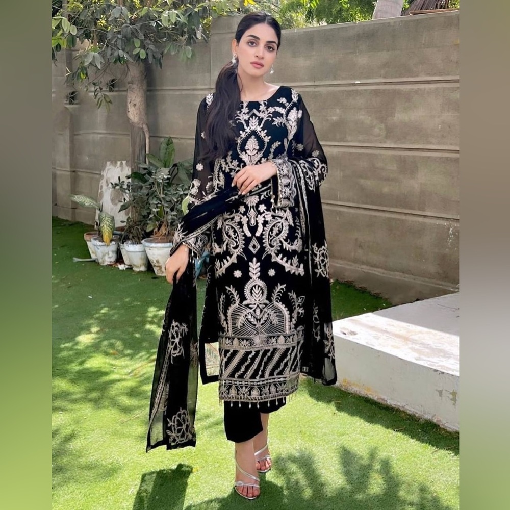Heavy Faux Georgette With Embroidery Work With Moti Latkan Border Suit